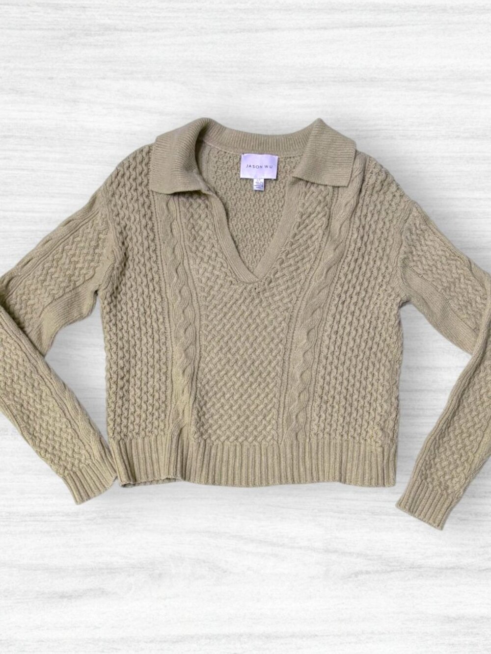 Jason Wu Cable Knit Collared V-Neck Sweater Textured Beige Cotton Wool Blend S